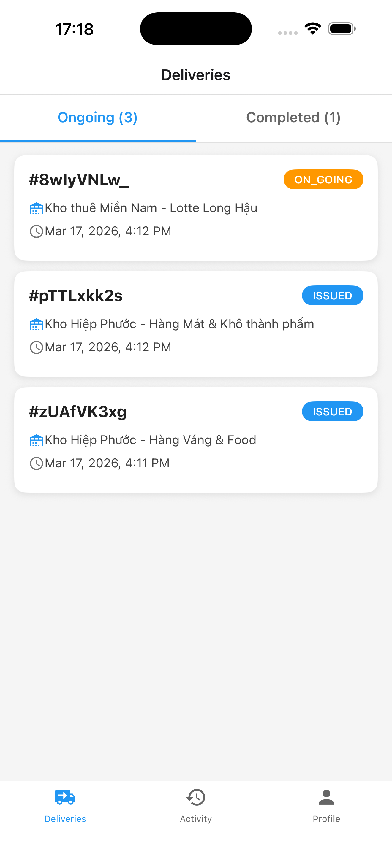 Danh sách đơn giao hàng